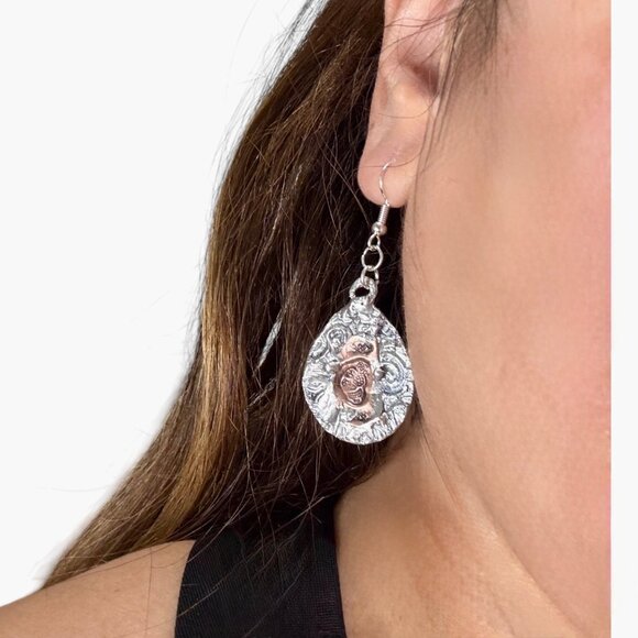 Artisan Mixed Metal Sugar Skull Earrings 925 Silver Hooks Silver Blend Metalwork - Picture 8 of 13